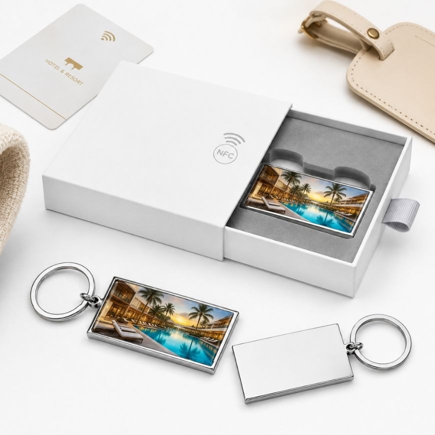 Luxury hotel resort printed NFC metal keychains with slide box, ideal for smart hospitality access and loyalty gifts.