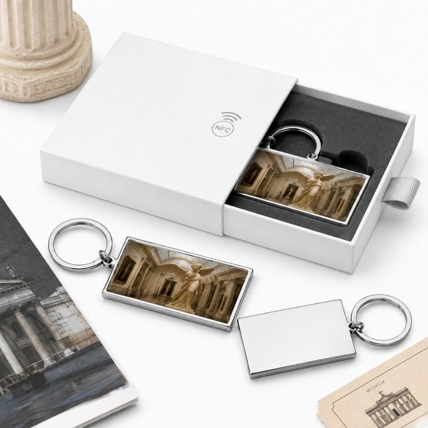 Art museum statue printed NFC metal keychains in custom packaging, suited for cultural institution souvenirs.