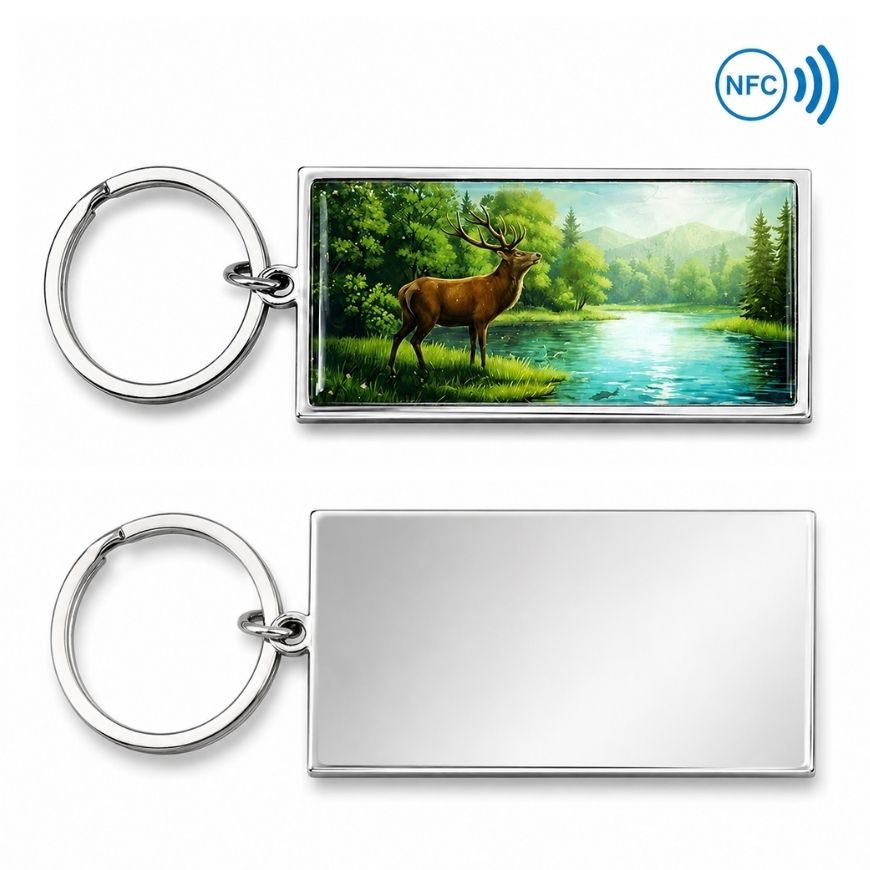Rectangular metal NFC keychain with forest deer graphic and plain back for custom logo engraving.