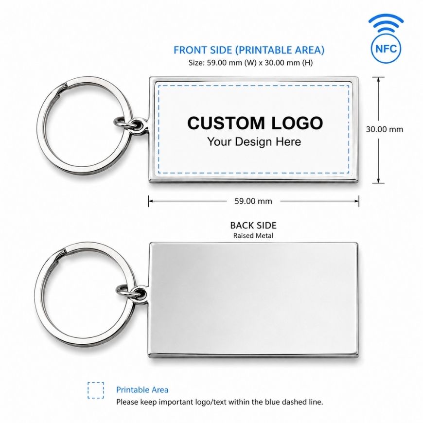 Custom rectangular NFC metal key ring technical diagram illustrating printable dimensions and custom logo placement.