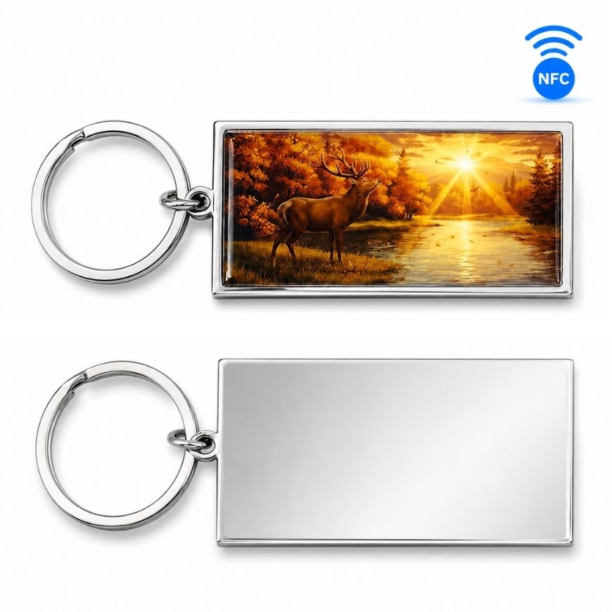 Custom NFC smart metal keychain with autumn forest deer artwork for corporate promotional gifts.