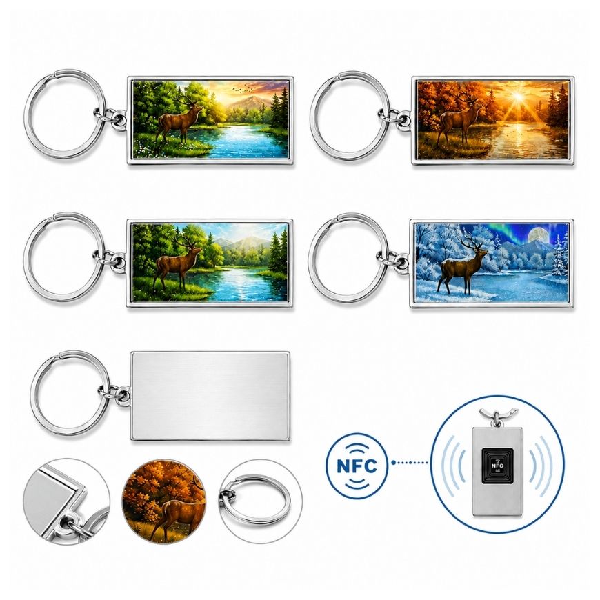 Custom NFC metal keychains in four seasonal deer artwork designs with smart chip functionality diagram.