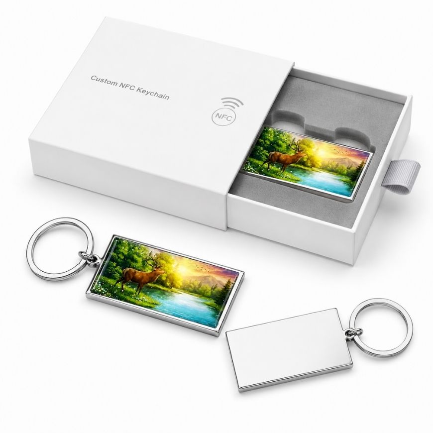 Custom smart NFC metal keychain set with a white slide-out gift box for luxury corporate branding.