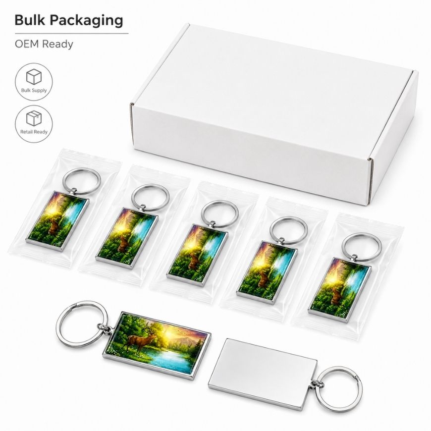 Bulk OEM packaging of custom metal NFC keychains individually wrapped for wholesale distribution.