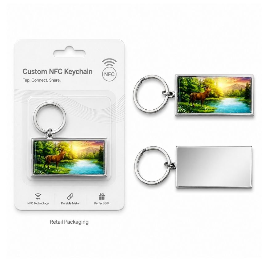 Custom NFC metal keychain in retail blister card packaging for OEM promotional merchandise.