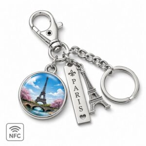 Custom Paris Eiffel Tower metal NFC keychain with spring cherry blossom graphic for smart travel souvenirs.