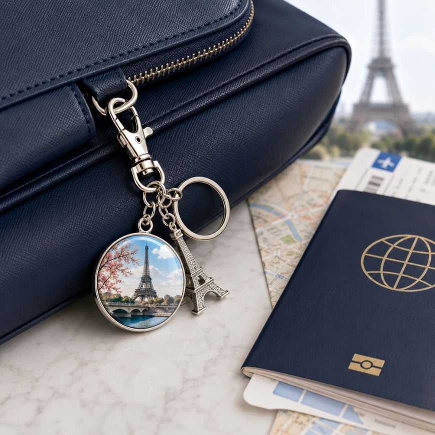 Paris Eiffel Tower metal charm keychain attached to a navy leather bag, suitable for smart travel accessories.