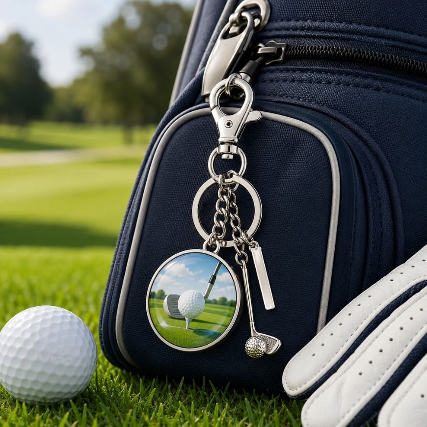 Golf theme metal charm keychain attached to a golf bag, ideal for sports event promotional merchandise.