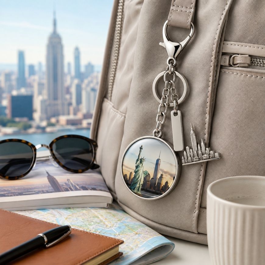 New York City Statue of Liberty charm keychain on a backpack, great for tourist souvenir custom manufacturing.