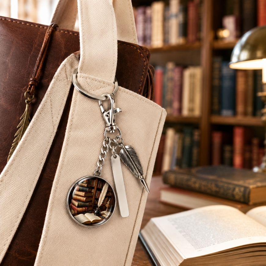 Vintage library theme charm keychain with feather quill pendant attached to a canvas tote for literary gifts.