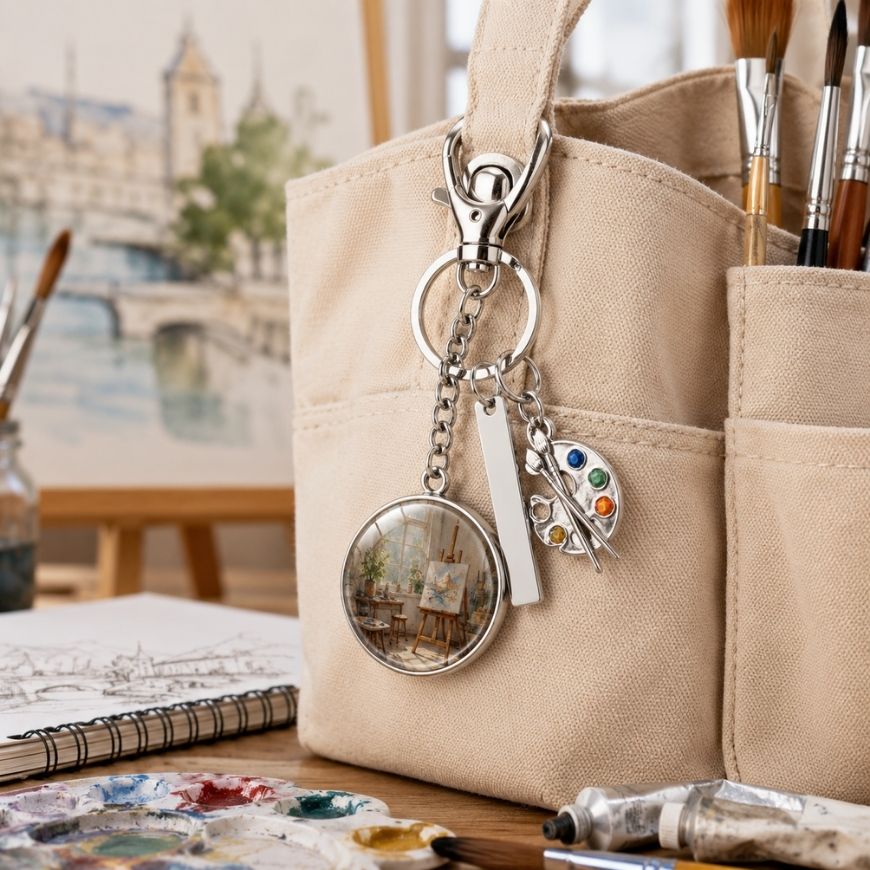Art studio theme charm keychain with paint palette pendant on an artist tool bag, ideal for museum gift shops.