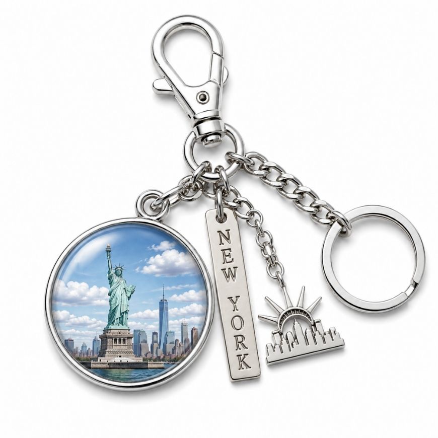 Smart New York Statue of Liberty metal charm keychain with skyline pendant, perfect for souvenir retail suppliers.