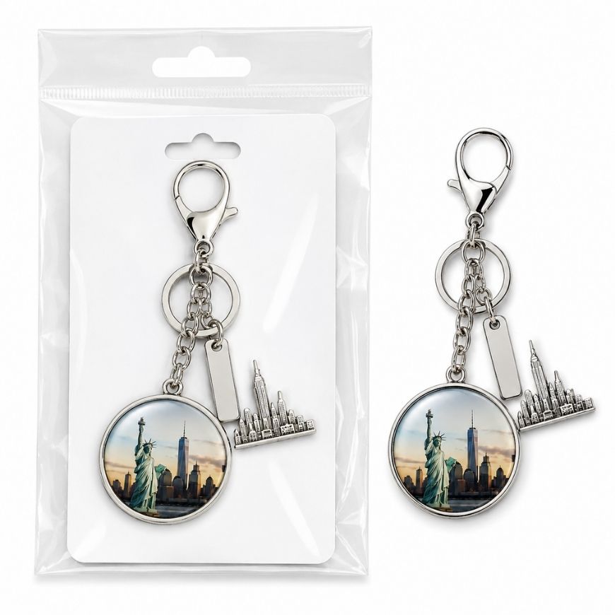 Statue of Liberty charm keychain packed on backing card with bag, great for USA tourist souvenir manufacturing.