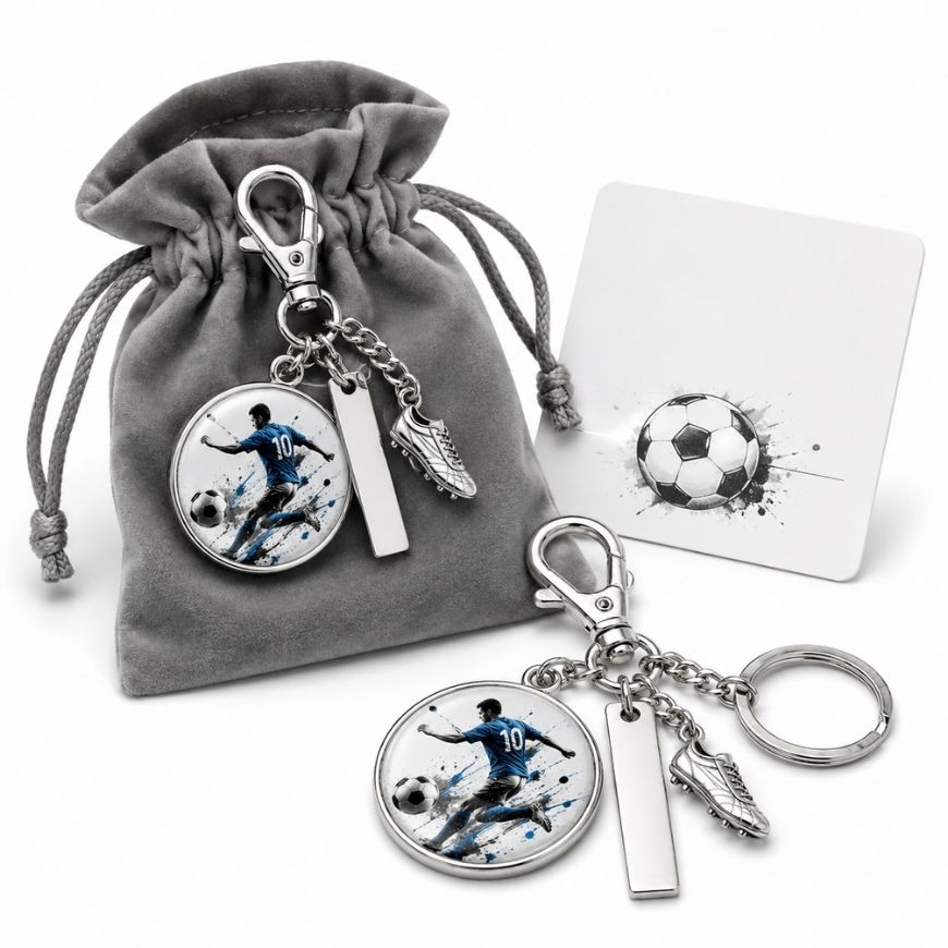 Soccer action graphic charm keychain with velvet pouch and backing card, ideal for sports event promotional items.