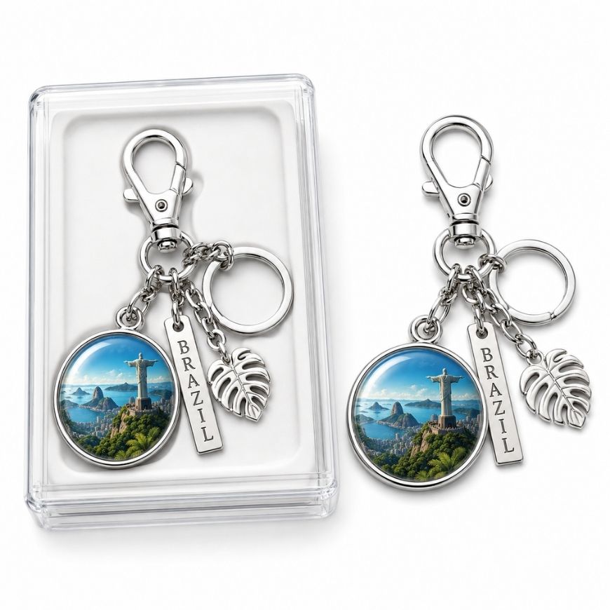 Rio de Janeiro landmark charm keychain in a clear presentation box, designed for smart tourism souvenir sales.
