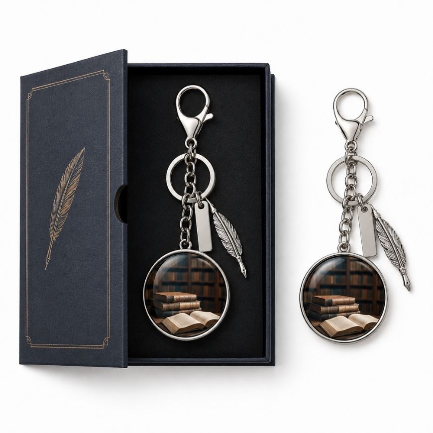 Vintage library theme charm keychain in a luxury book-style box, suitable for museum store custom gifts.
