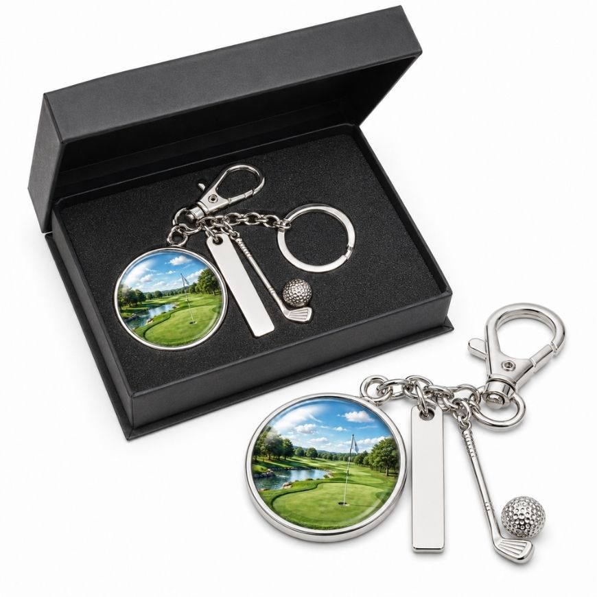 Golf course graphic charm keychain with golf club pendant in a premium black box, ideal for sports club promotion.