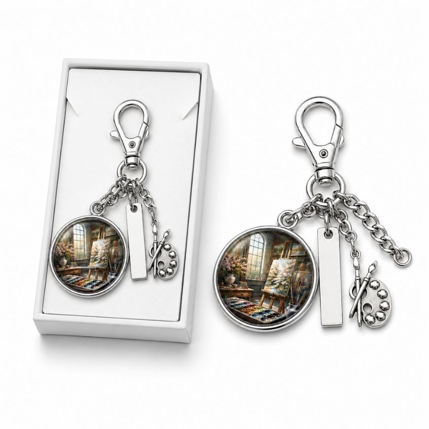 Art studio theme charm keychain in a custom white gift box, perfect for cultural and museum souvenir wholesale.