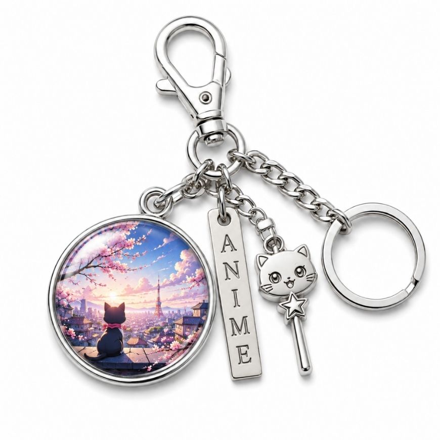 Anime theme metal charm keychain featuring Tokyo sunset graphic and cute cat pendant for pop culture merchandise.