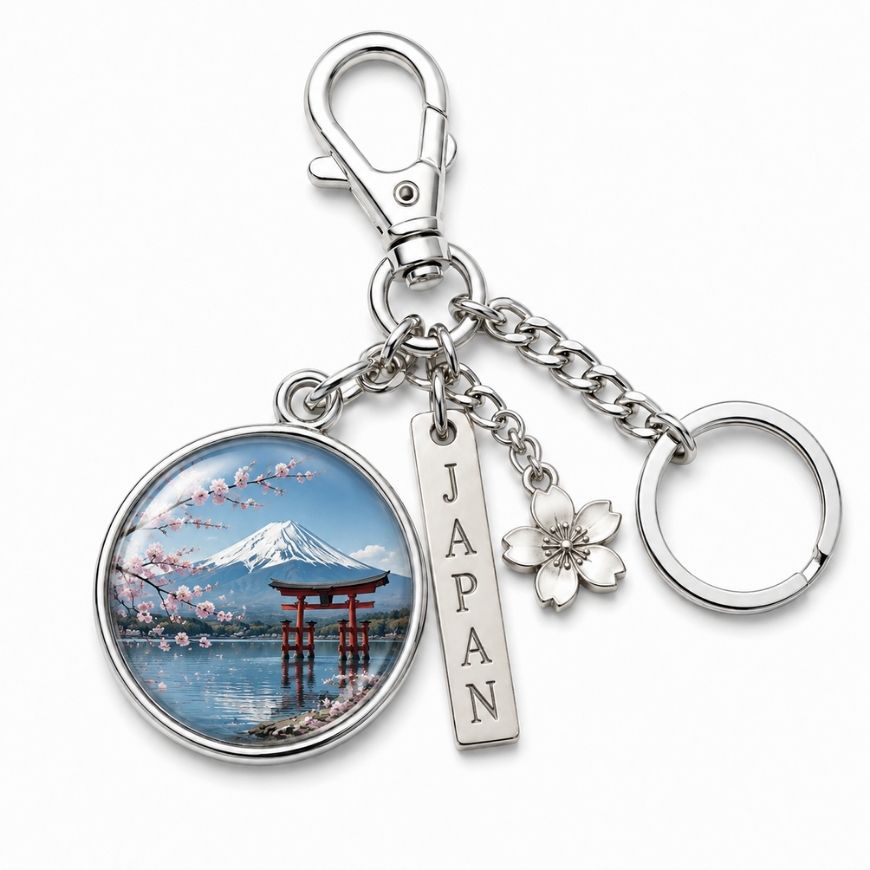 Custom Japan Mount Fuji metal charm keychain with cherry blossom pendant, ideal for tourism promotional items.