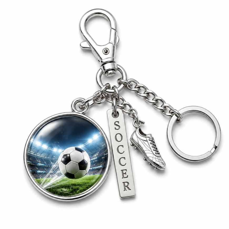 Custom soccer stadium metal charm keychain with shoe pendant, suited for sports club branded merchandise.