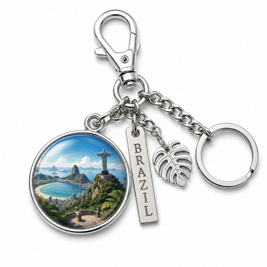 Custom Brazil Rio de Janeiro metal charm keychain with tropical leaf pendant for resort tourism souvenir trade.