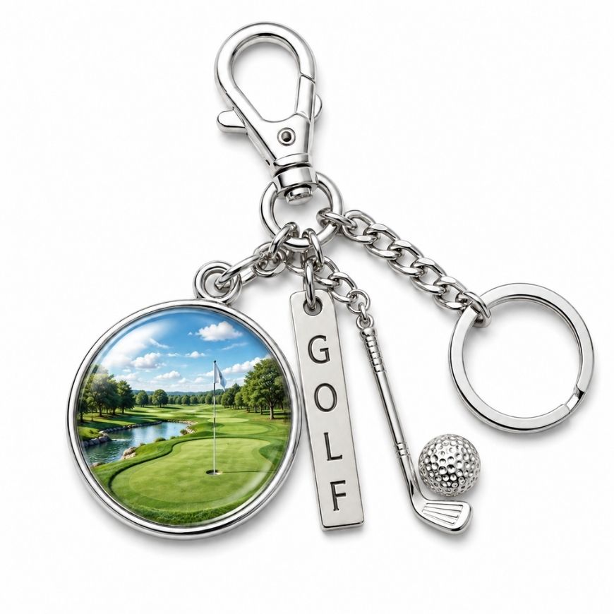 Custom golf theme metal charm keychain with course graphic dome and club pendant, ideal for sports event promotion.