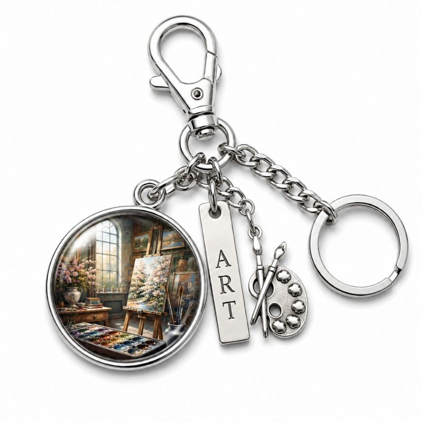 Custom art studio metal charm keychain with paint palette and brush pendants, perfect for museum gift wholesale.