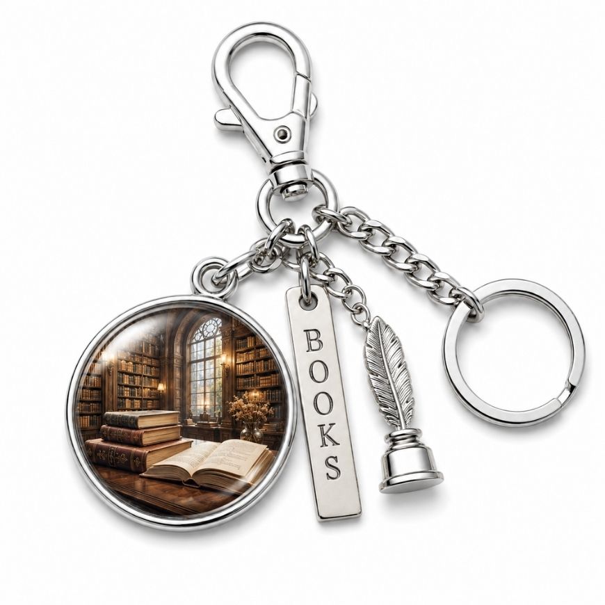 Vintage library theme metal charm keychain featuring classic books graphic and quill pendant for literary merchandise.