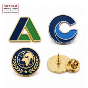 Custom enamel corporate logo lapel pins and global emblem badges, manufactured in Vietnam for wholesale branding.