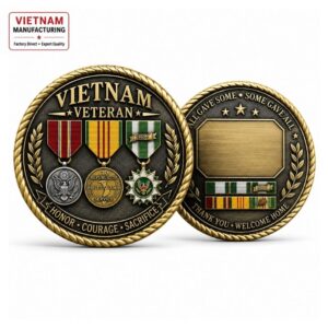 Antique brass Vietnam Veteran military challenge coin featuring enamel service ribbons and engraving plate.
