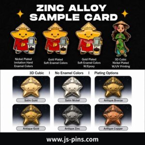 Zinc alloy pin sample card showcasing enamel colors, UV printing, and diverse metal plating options for custom manufacturing.