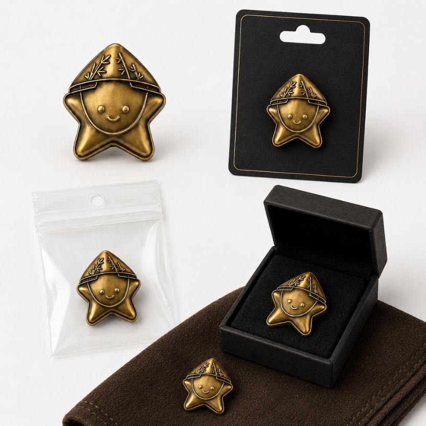 Antique gold custom zinc alloy lapel pins displayed with diverse B2B packaging options including premium boxes and backing cards.