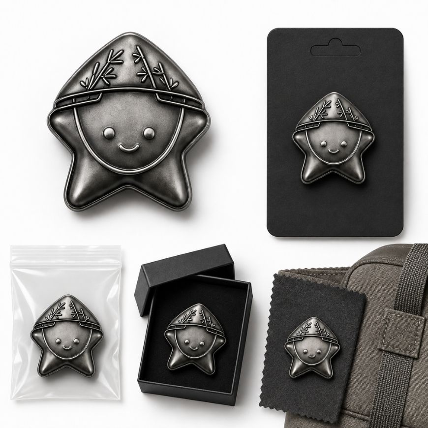 Antique zinc 3D cubic lapel pin with custom backing card, polybag, and velvet box packaging options.