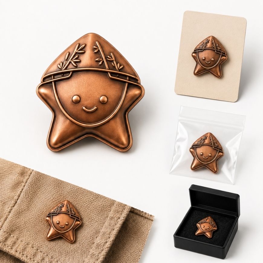 Custom antique copper 3D lapel pin displayed on fabric with retail backing card and presentation box options.