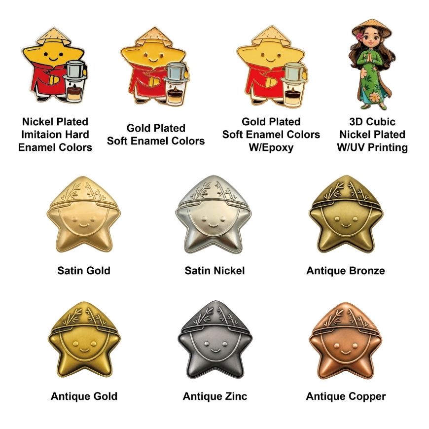 Custom zinc alloy lapel pins demonstrating various finishes including soft enamel, 3D cubic plating, and antique metal tones.