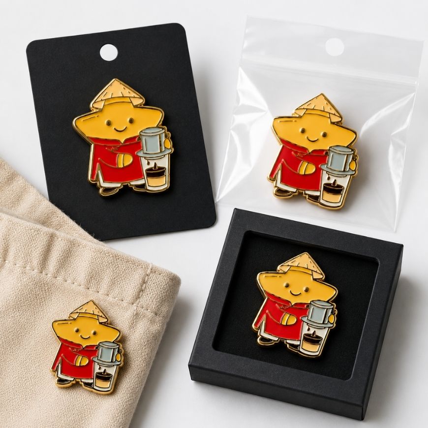 Gold plated soft enamel lapel pins displayed with custom backing cards, polybags, and premium presentation boxes.