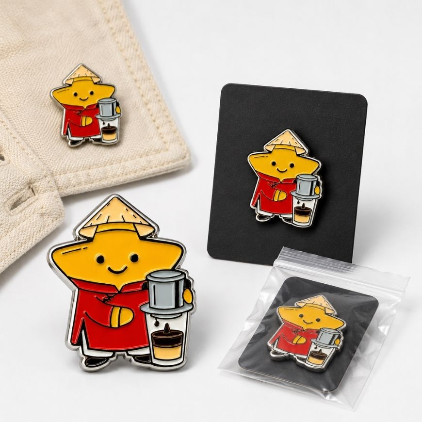 Custom zinc alloy lapel pins with vibrant enamel fill, showcasing retail-ready packaging options for B2B wholesale.