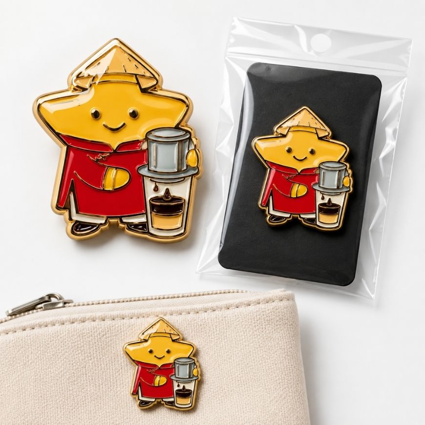 Premium gold plated enamel lapel pins with custom backing card and polybag packaging, perfect for retail display.