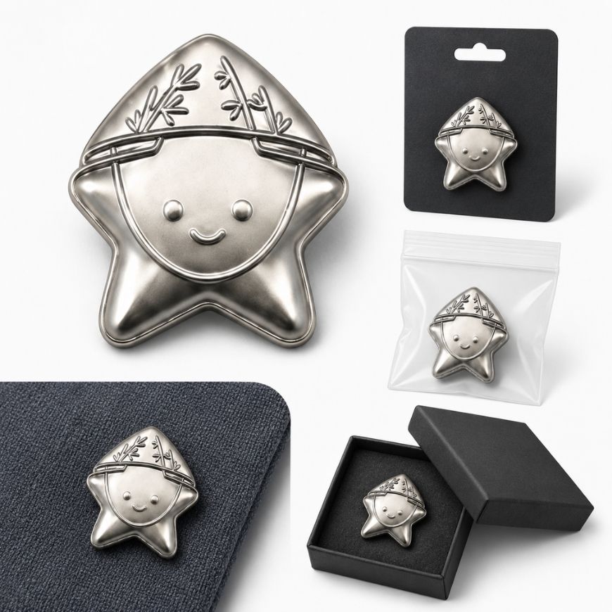 Satin nickel plated 3D custom lapel pins shown with versatile packaging solutions including backing cards and gift boxes.