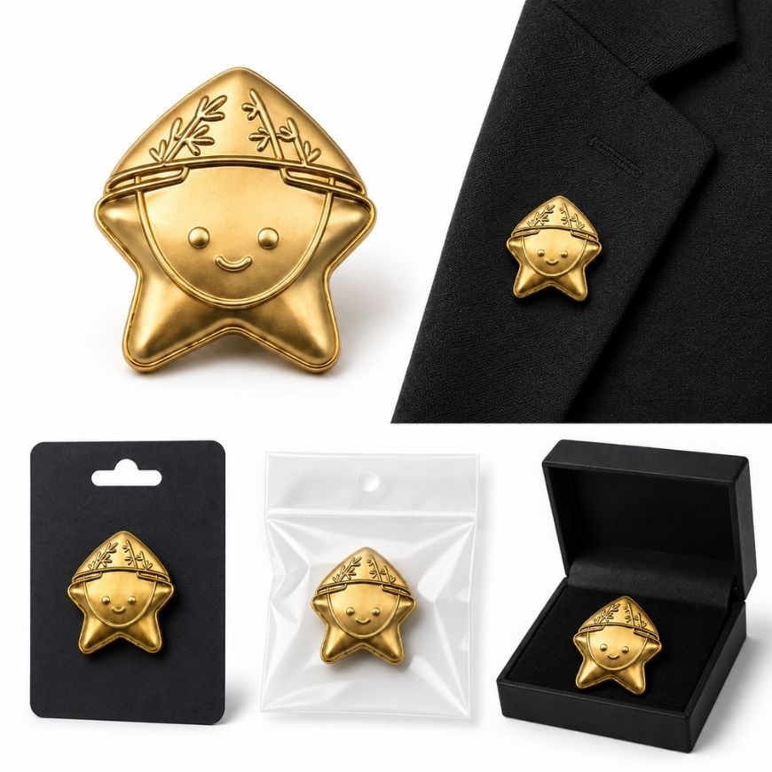 Satin gold plated 3D lapel pins elegantly displayed on a suit lapel and in various premium packaging options for corporate gifts.