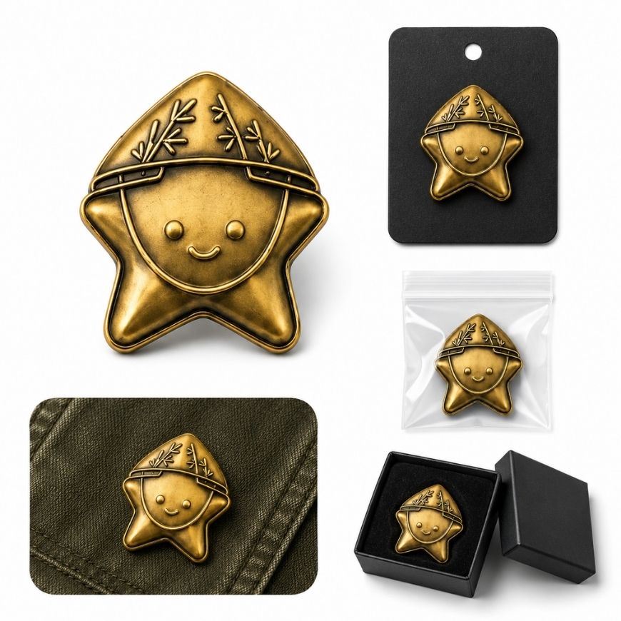Antique bronze custom 3D lapel pins attached to denim, highlighting durable metal finishes and wholesale packaging choices.
