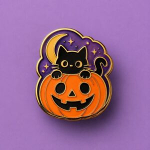Custom gold-plated black cat in pumpkin enamel pin, ideal for Halloween promotional gifts and wholesale merchandise.