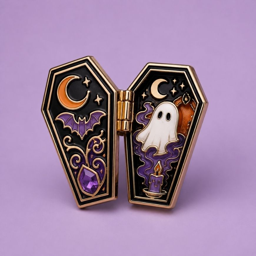 Hinged coffin enamel pin opening to reveal ghost and candle, premium custom interactive pin badge manufacturing.