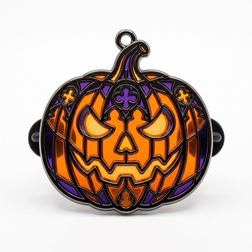 Translucent stained glass pumpkin enamel pin with cutouts, custom Halloween metal badge supplier.