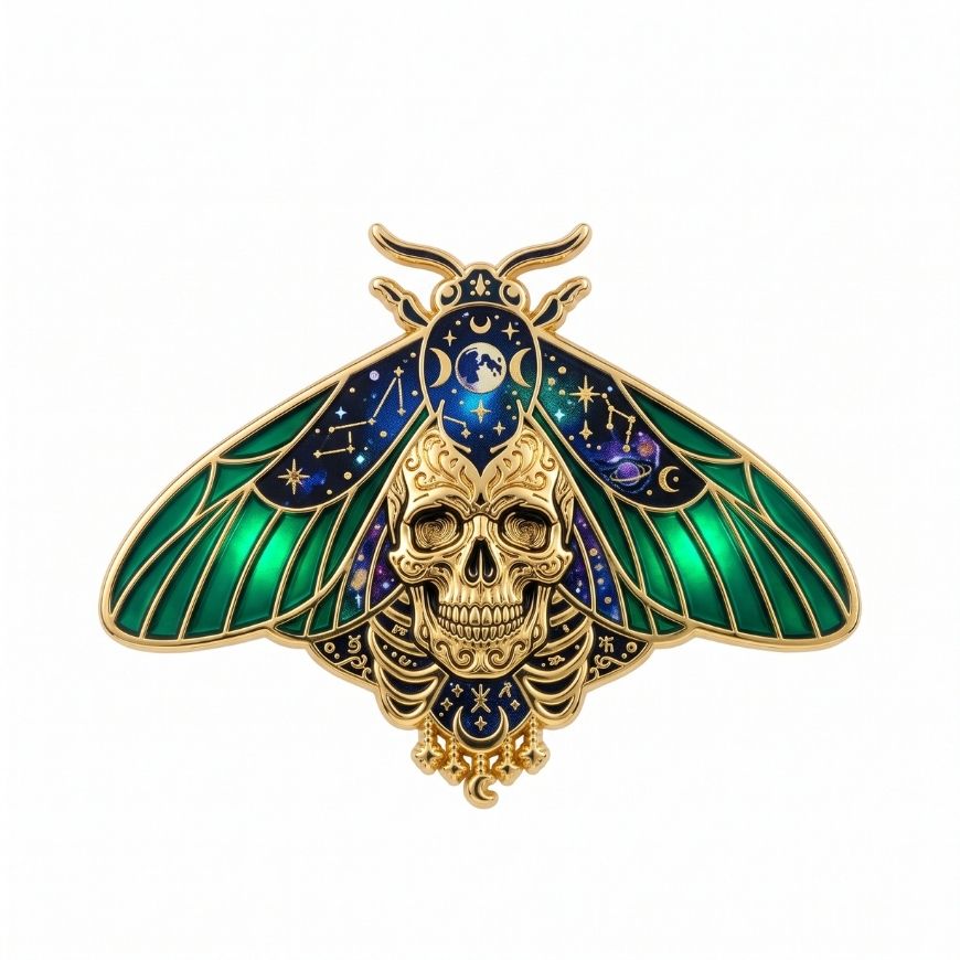 Death head moth enamel pin featuring gold skull and translucent green wings for custom jewelry.
