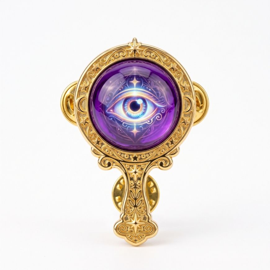 Antique gold mystic eye hand mirror enamel pin with purple dome glass for luxury pin manufacturing.