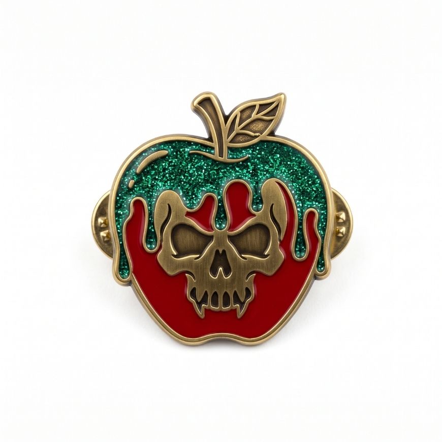 Poison apple enamel lapel pin with metallic skull and green glitter drip for holiday gift wholesale.
