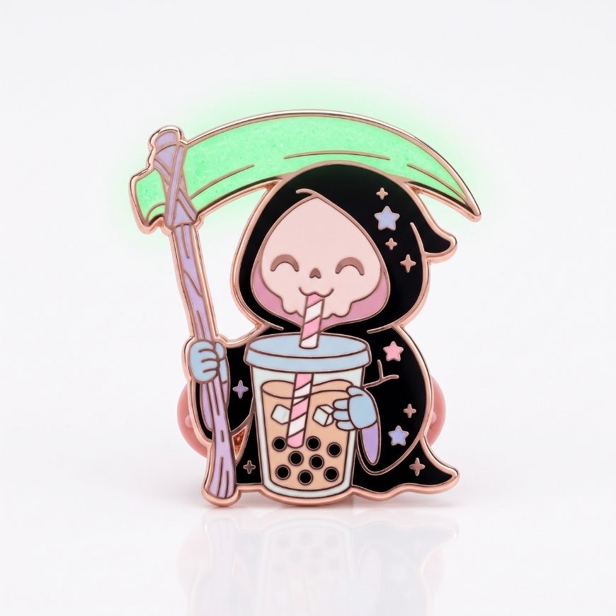 Cute grim reaper drinking boba tea enamel lapel pin with pastel colors for custom novelty accessory.