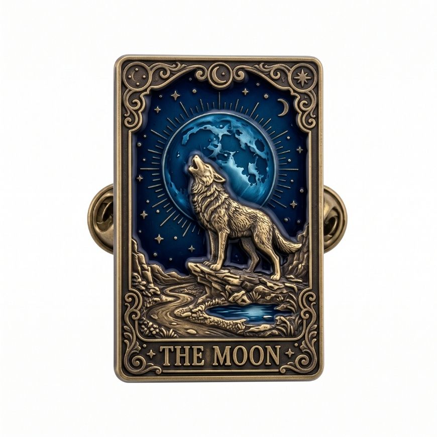 The Moon tarot card 3D embossed enamel pin with howling wolf for collectible metal badge wholesale.